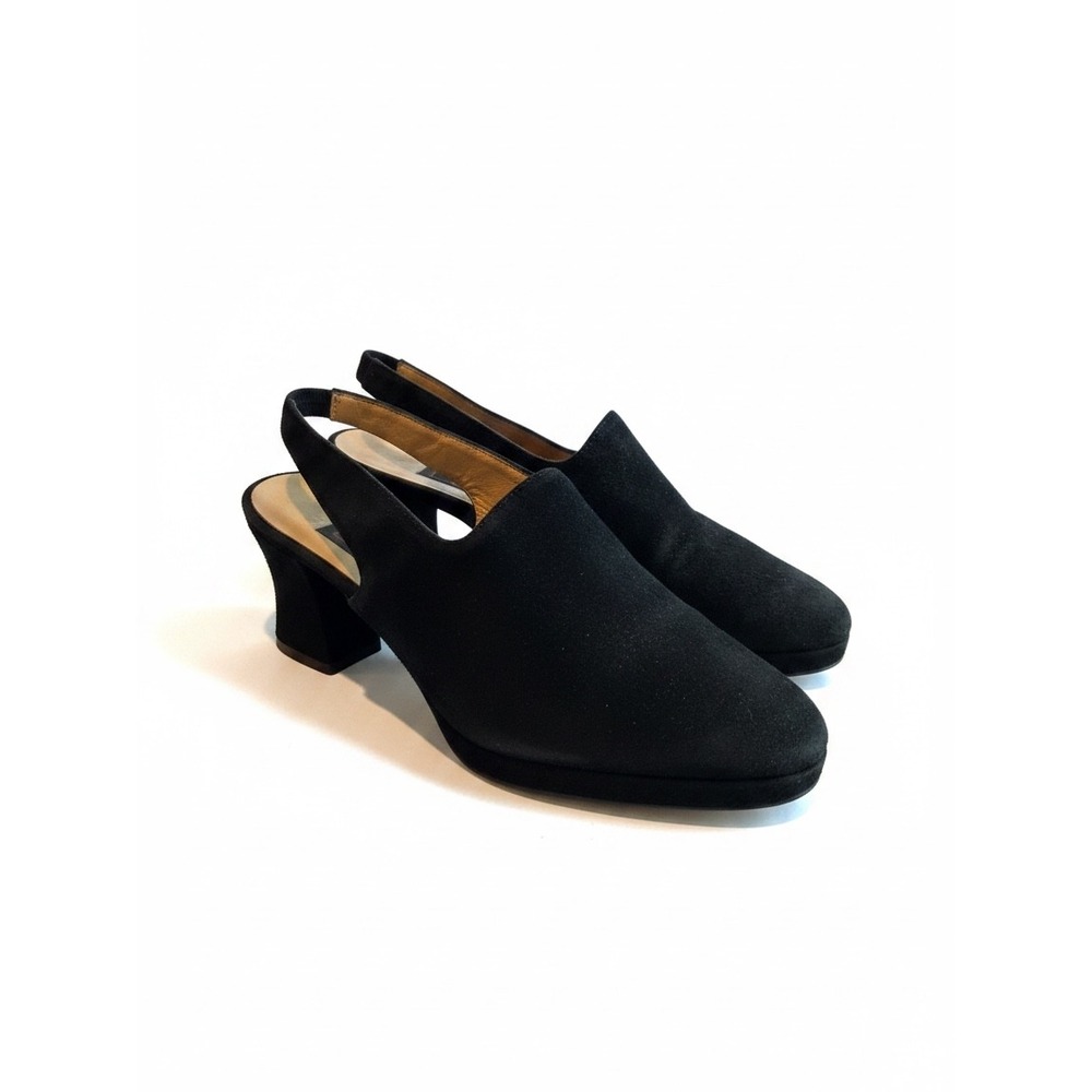 Vittorio Ricci Slingback Heels 7.5 Black Suede Block Heel Italian Handmade Luxe